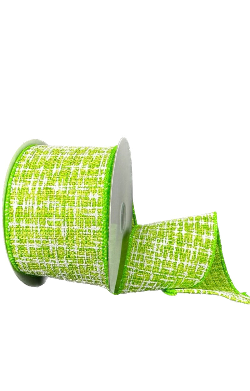 10 Yards - 2.5” Wired Lime and White Embellished Tweed Ribbon