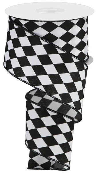 Wired Black and White Antique Diamonds Ribbon- 2.5”x10 Yards