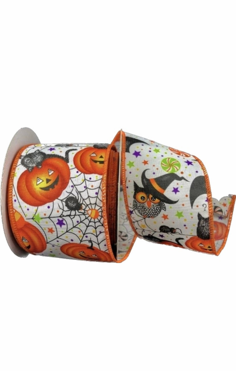 Wired Black Jack-o-lantern, Owls, Cats and Spiders Whimsical Halloween Ribbon-2.5”x 10 Yards