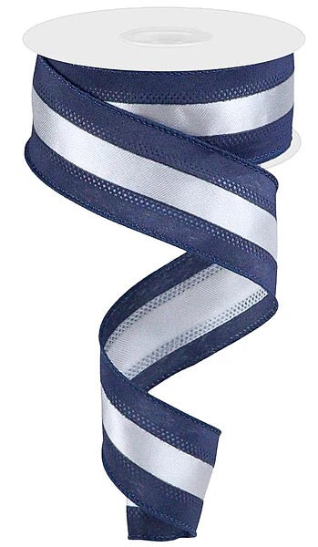 Wired Navy Blue and Silver Stripe Ribbon- 1.5”x10 Yards