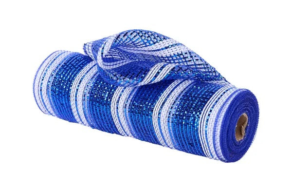 Metallic Royal Blue and White Wide Foil Stripe Mesh-10.5”x 10 Yards