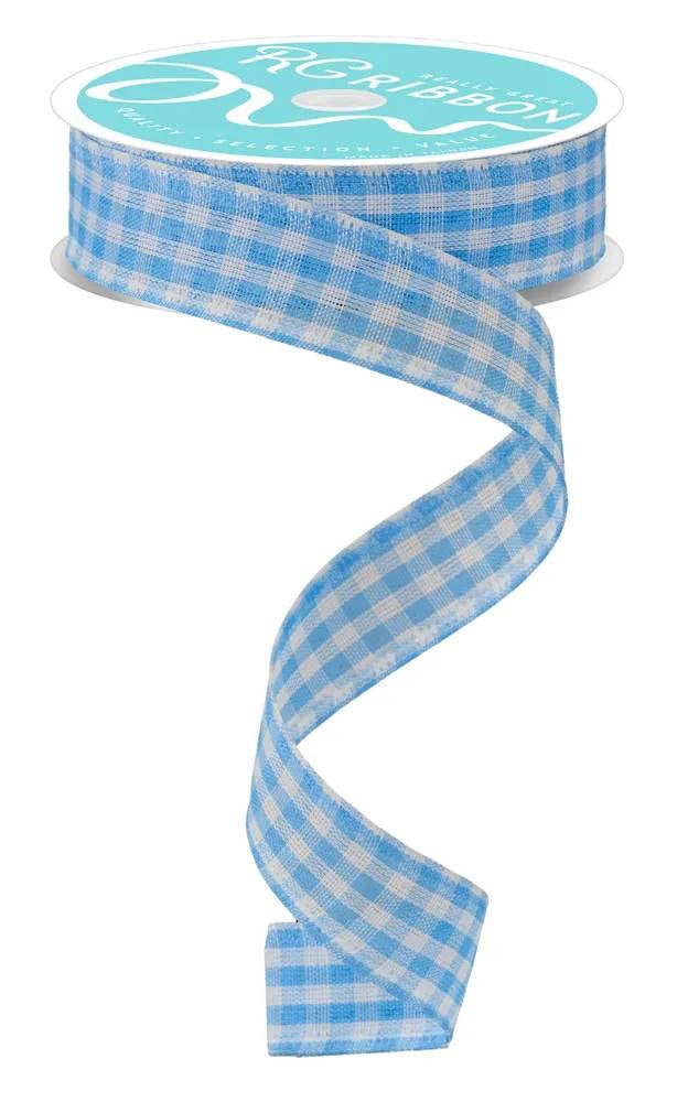 Wired Light Blue and White Gingham Ribbon-7/8”x10 Yards