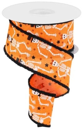 Wired Orange Skeleton Halloween Ribbon with Glitter Accent and Black Drift Edge-2.5”x10 Yards