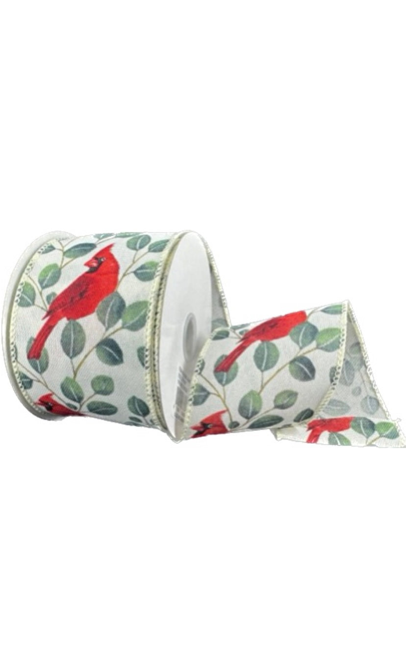 Wired Linen Cardinal with Eucalyptus Ribbon-2.5”x10 Yards