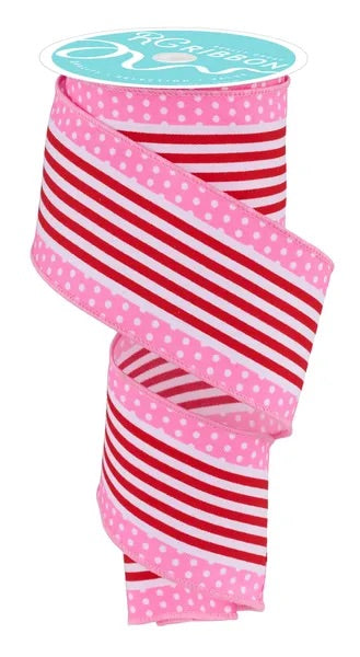 Wired White, Red, and Pink Vertical Stripe Polka Dot Edge Ribbon- 2.5” x 10 Yards