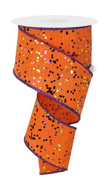 10 Yards - 2.5” Wired Orange Multi Glitter Dot Ribbon