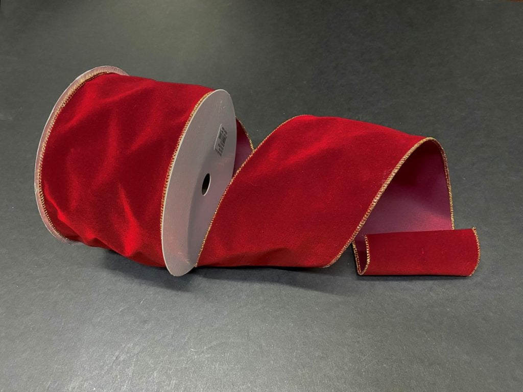 Wired Dark Red Velvet with Gold Edge Ribbon- 4”x50 Yards