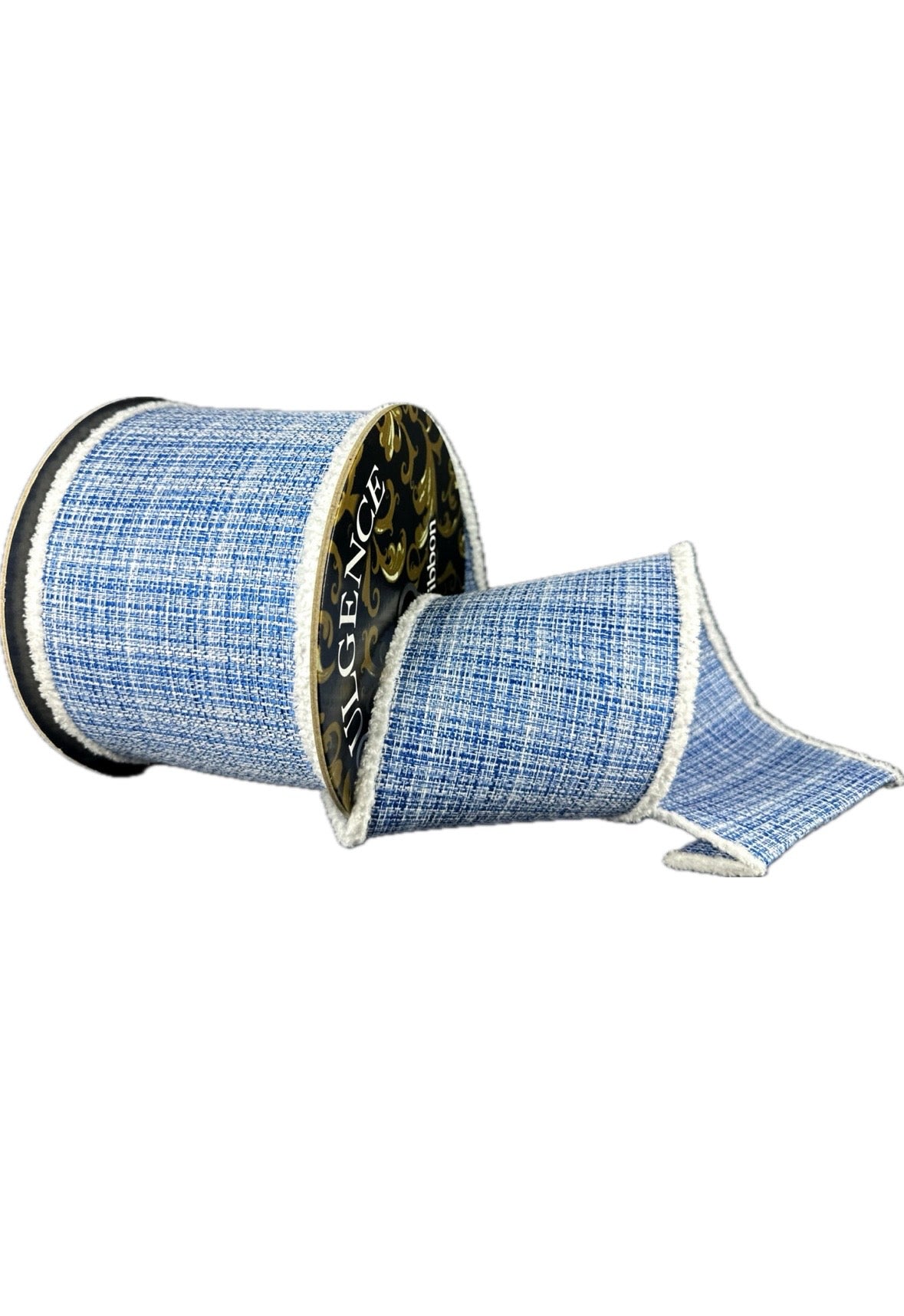Wired Dual Sided Dusty Blue Tweed/Snowball Edge Ribbon- 4”x10 Yards