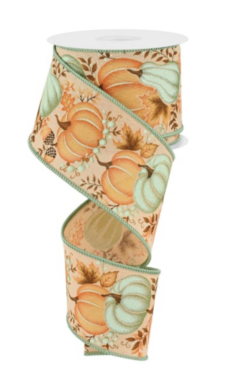 Wired Light Orange Pumpkins, Acorns, and Gourds Fall Ribbon- 2.5x10 Yards