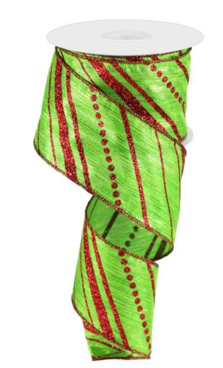 10 Yards - 2.5” Wired Lime Green and Red Multi Stripe Christmas Ribbon