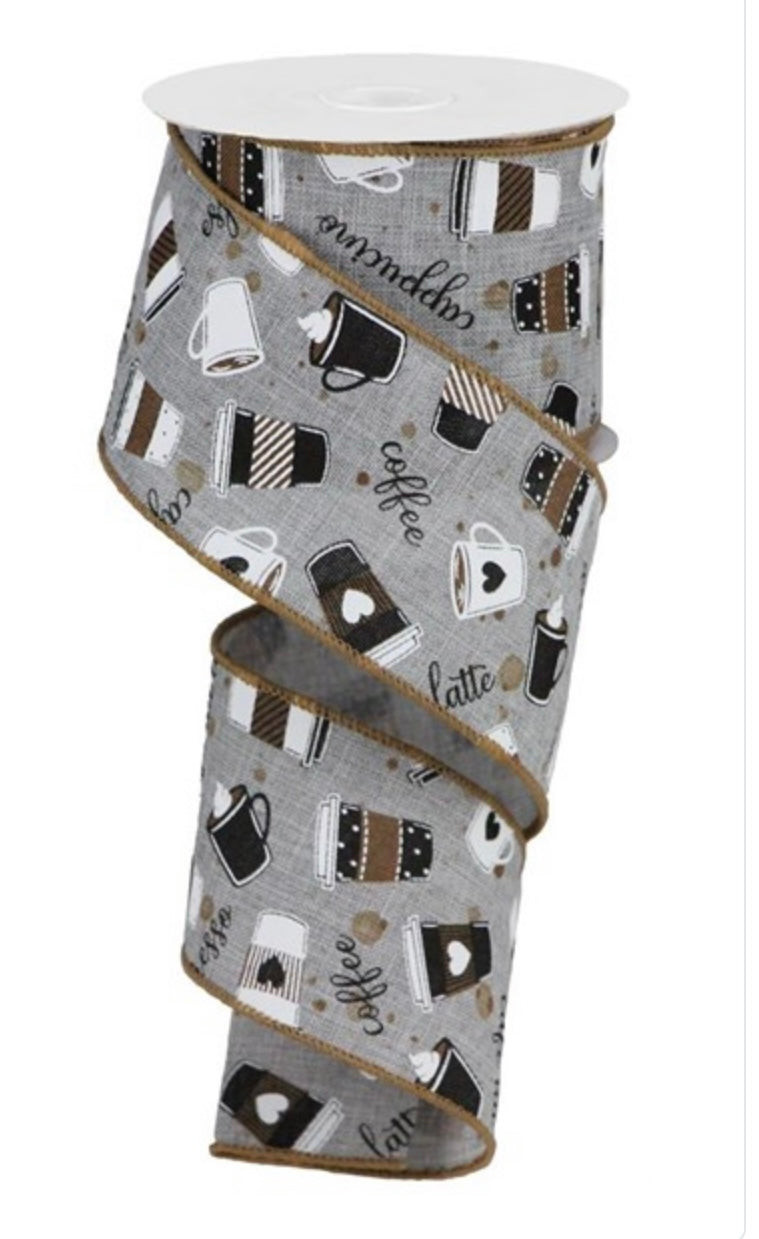 10 Yards - 2.5” Wired Coffee and Latte Gray Background Ribbon