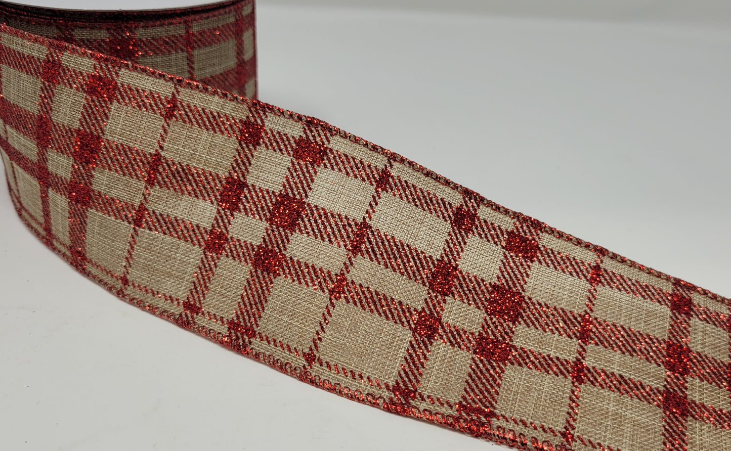 10 Yards - 2.5” Wired Natural and Red Glitter Check Christmas Ribbon
