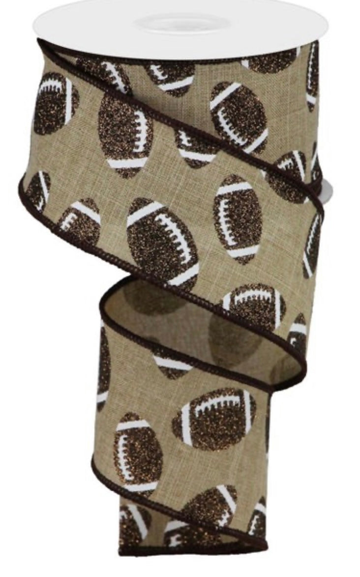 10 Yards - 2.5" Wired Natural Background Football Ribbon with Glitter Accent
