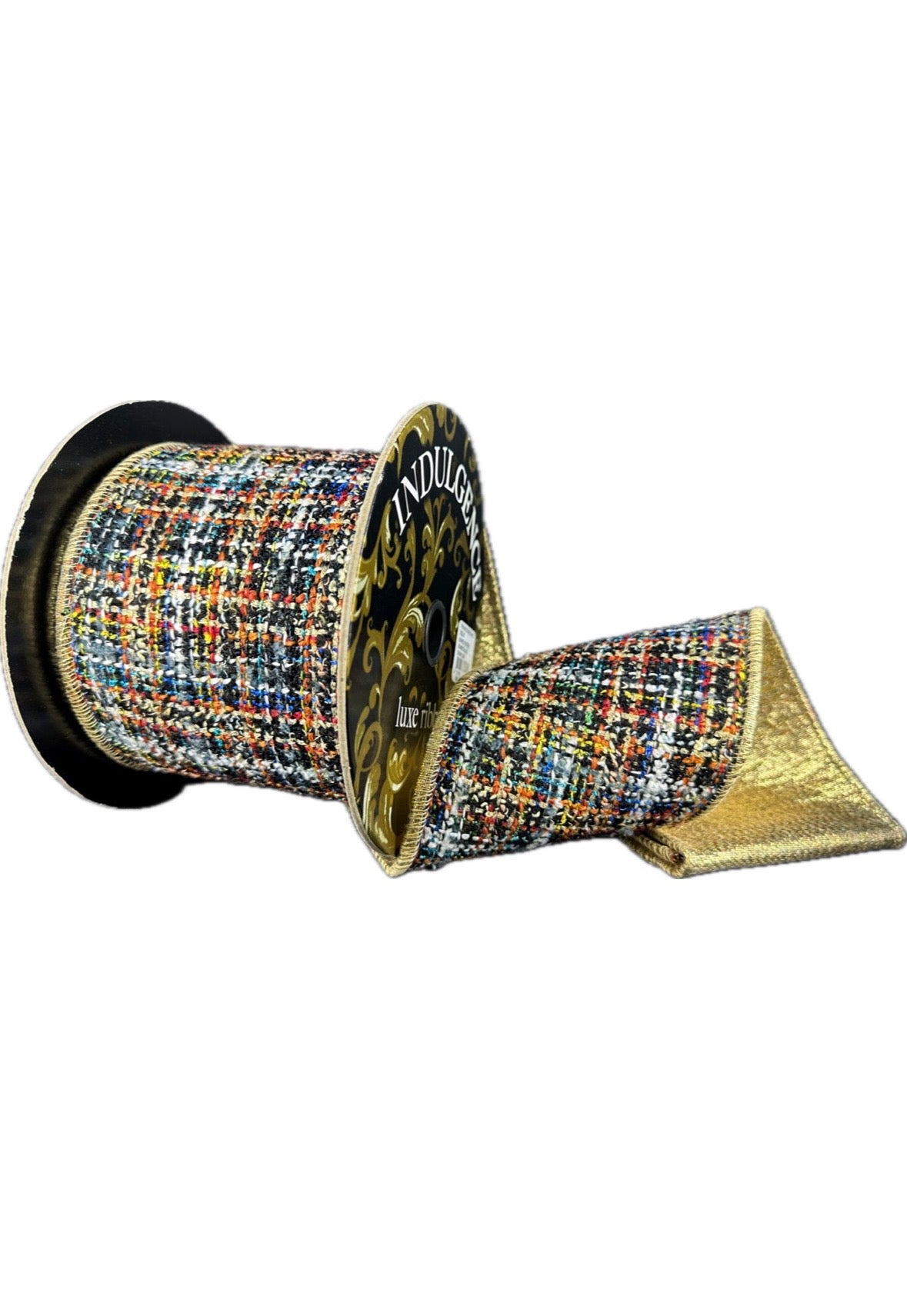 Wired Black Orange Blue Thick Weave Tweed Gold Metallic Back Ribbon- 4”x5 Yards