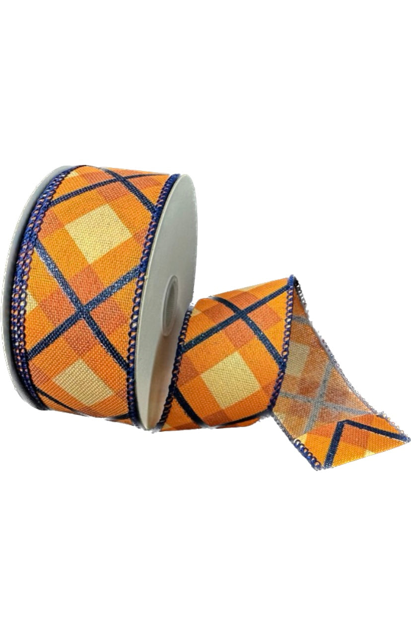 Wired Orange Cross Check with Navy Glitter Stripe on Poly Linen Ribbon- 1.5”x10 Yards