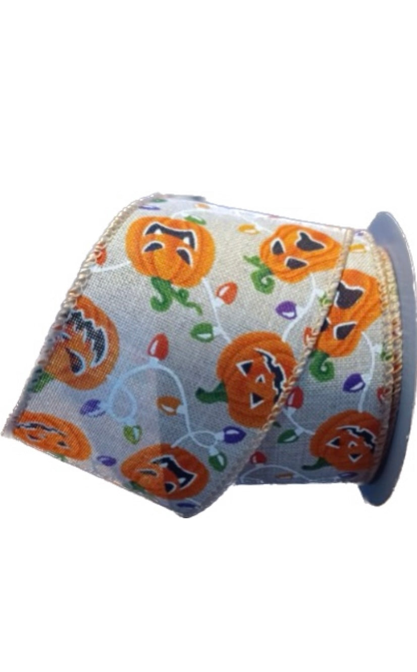 Wired Pumpkin Faces with Lights Ribbon-2.5”x10 Yards