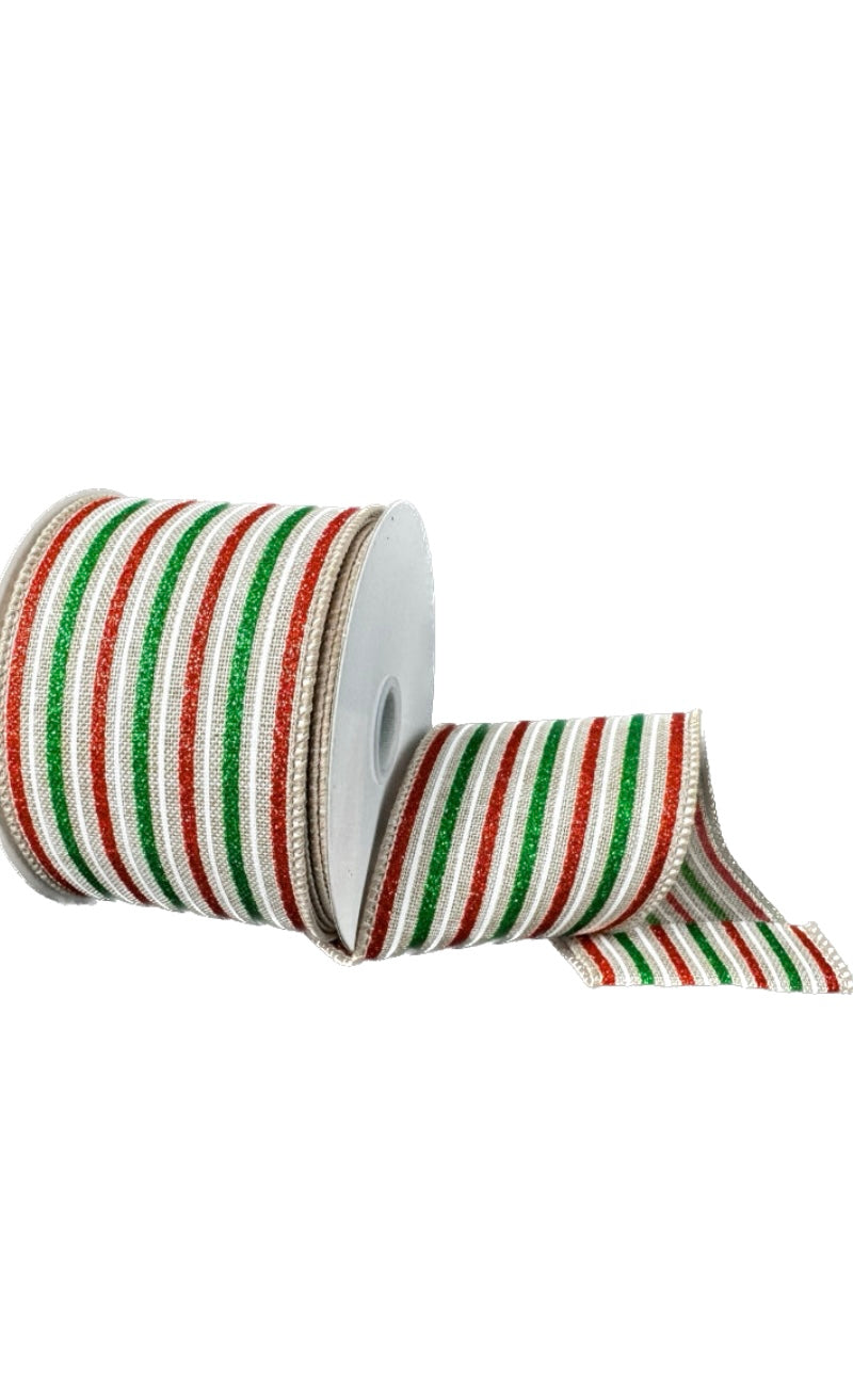 Wired Natural Linen Vertical Stripes Ribbon- 2.5”x 10 Yards