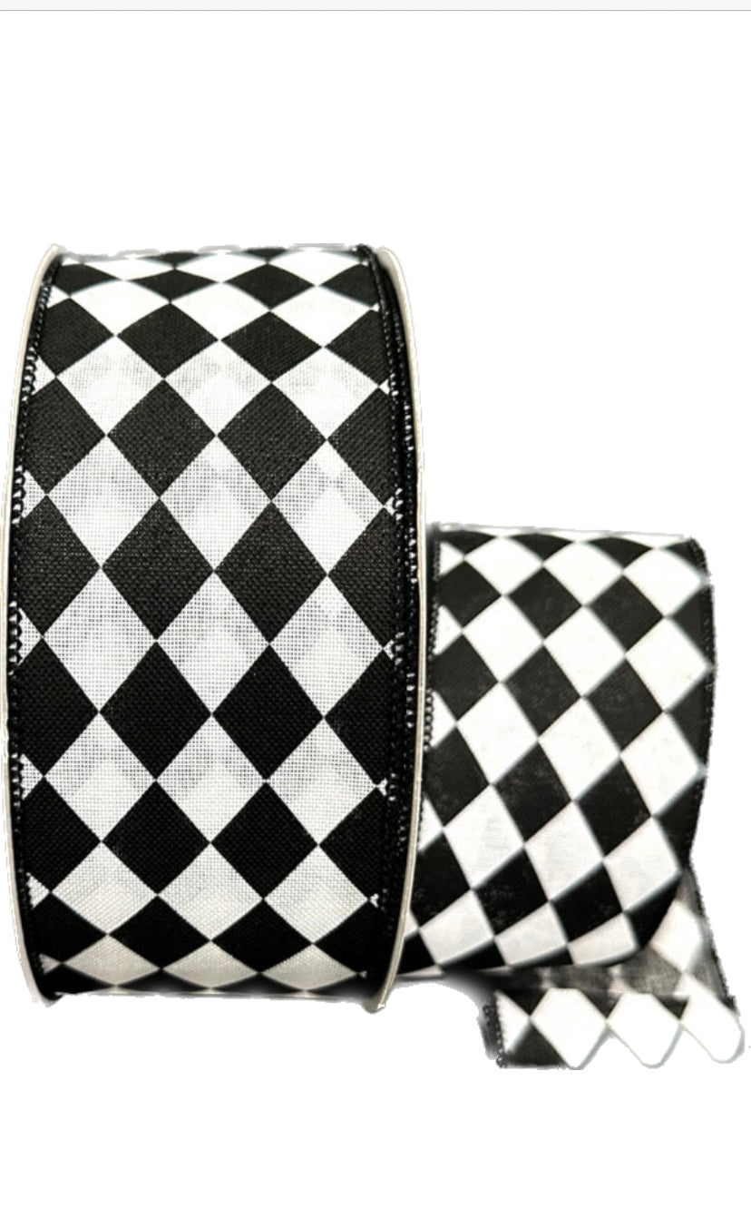 Wired Black and White Harlequin Ribbon- 2.5”x 50 Yards