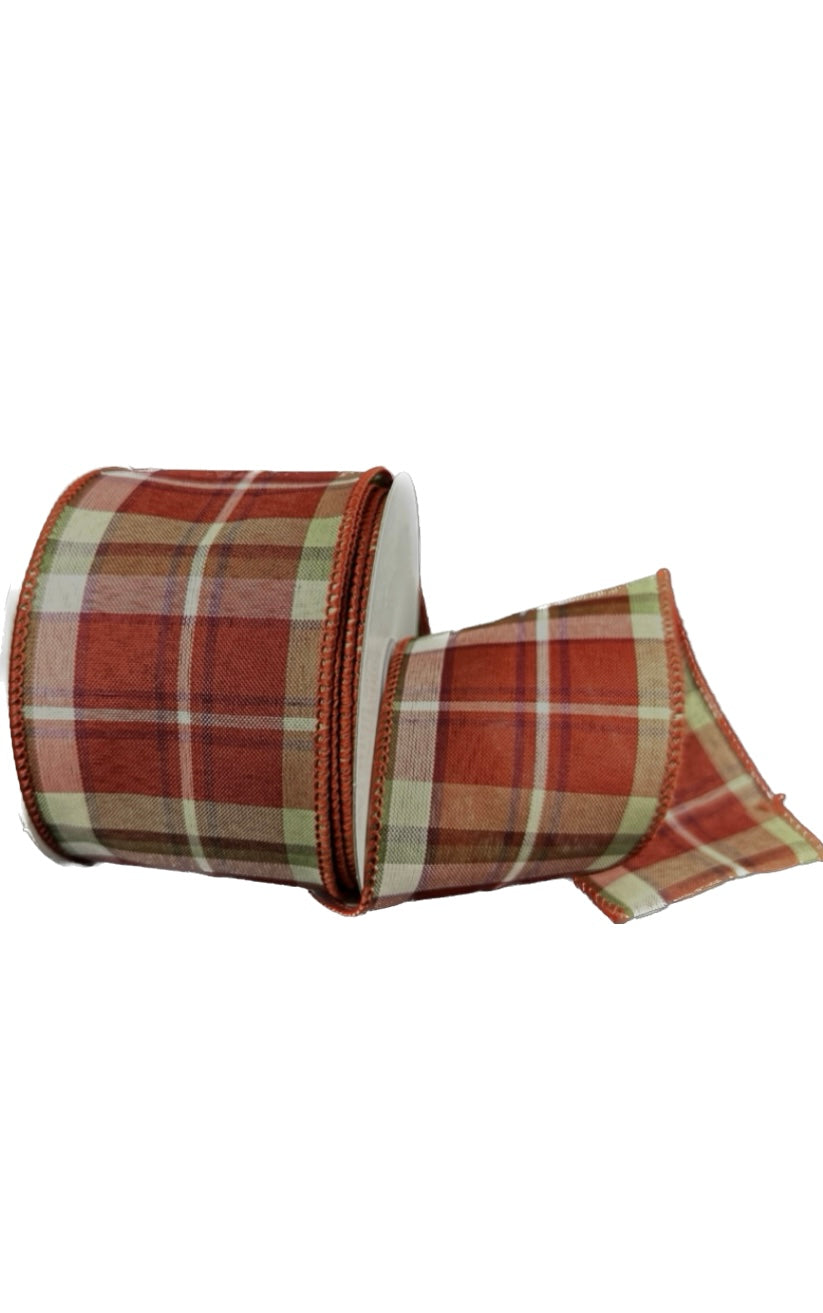 Wired Rust Sage Ivory Fall Plaid Ribbon- 2.5”x10 Yards