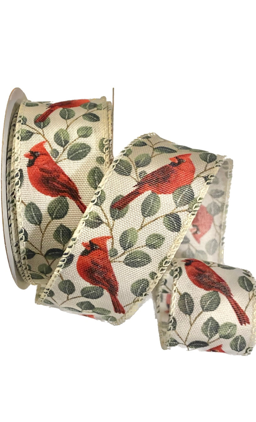Wired Linen Cardinal with Eucalyptus Ribbon-1.5”x10 Yards