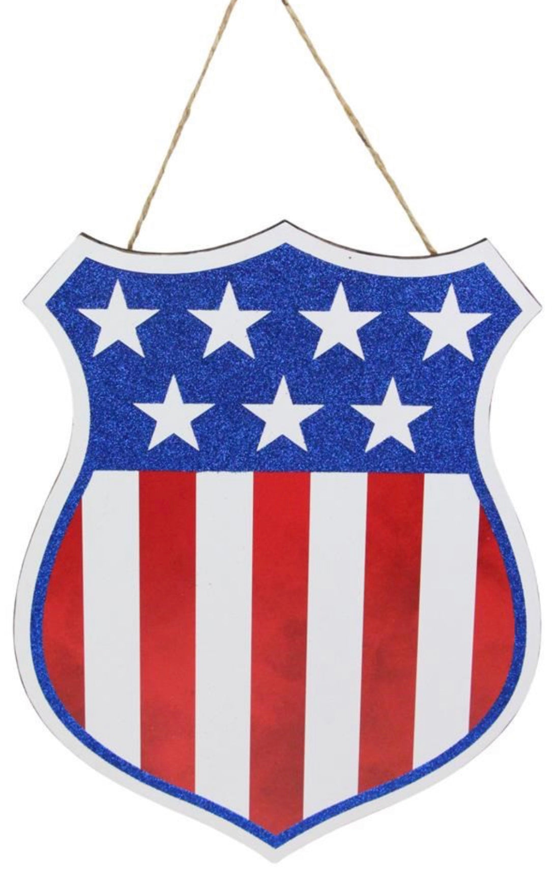 12”x9.5” Patriotic American Flag Badge Wreath Sign with Glitter Accent