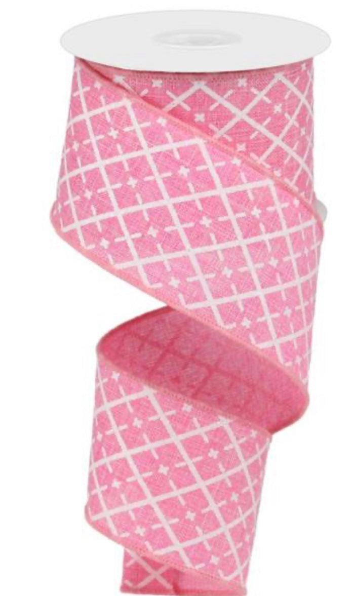 10 Yards - 2.5” Wired Pink and White Argyle with Glitter Accent Print Ribbon