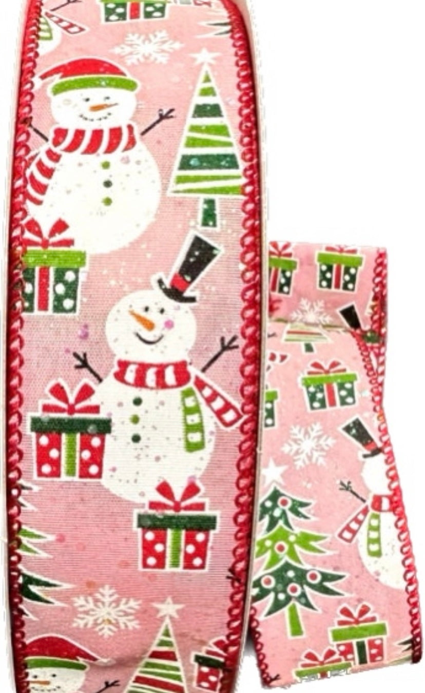 Wired Pink Background Snowman Frolicking Glitter Christmas Ribbon-1.5”x50 Yards