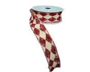 1.5” Wired Cream and Dark Red Harlequin Ribbon - Fall Ribbon - Christmas Ribbon - Quality Ribbon - 10 Yards