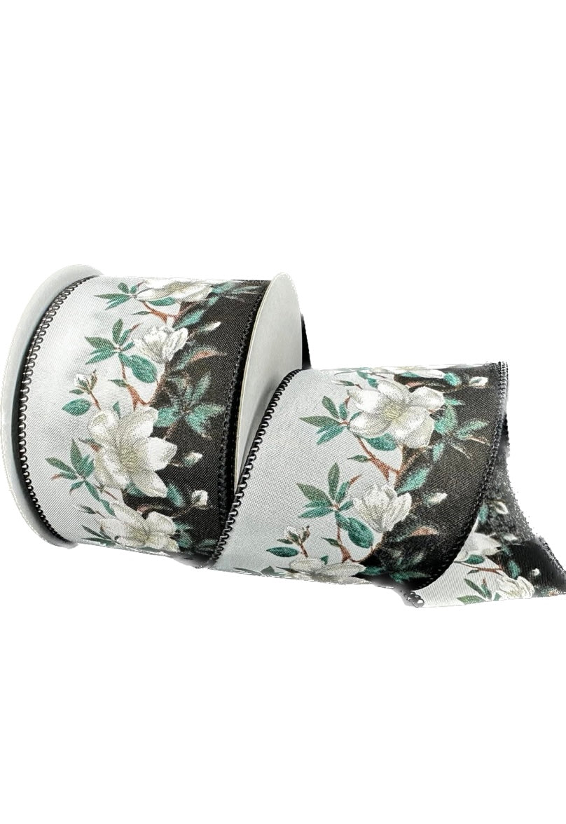 Wired Floral on Black and White Background on Satin Ribbon- 2.5”x10 Yards