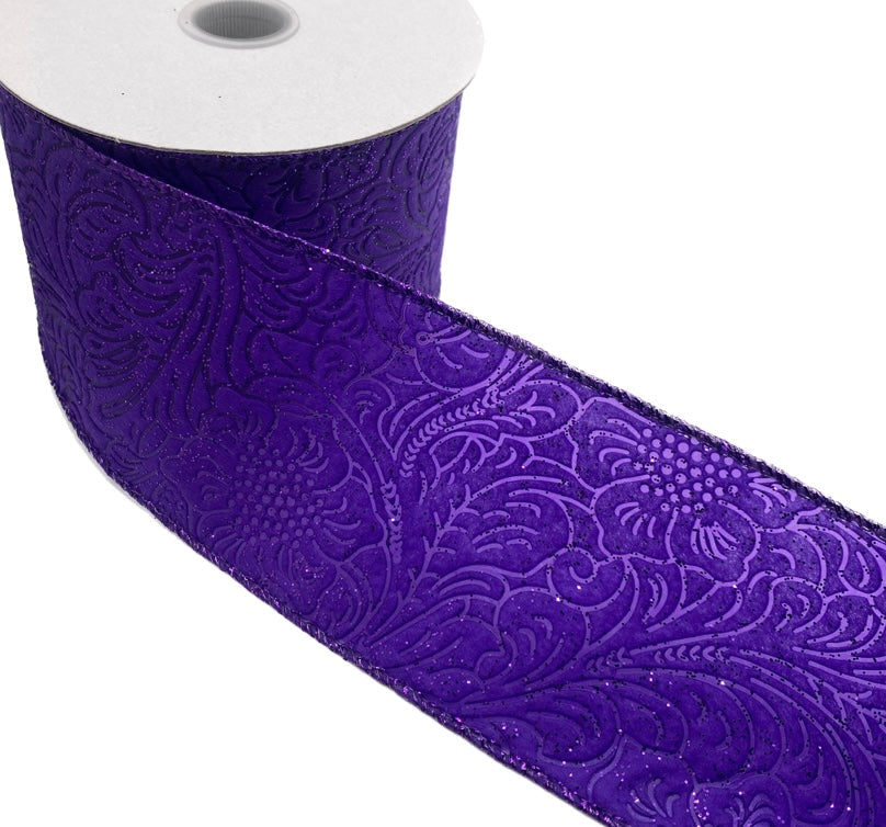 10 Yards - 2.5” Wired Purple Glitter Floral Embossed Ribbon