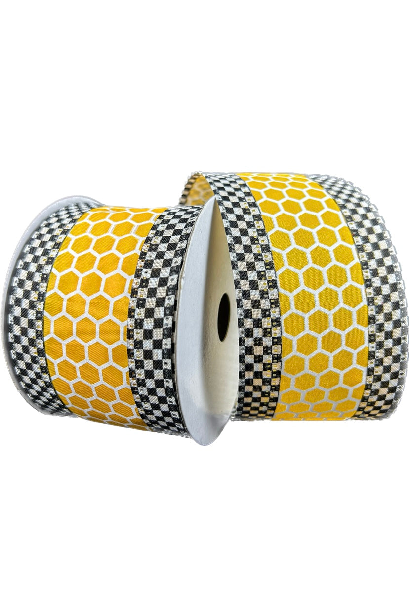 10 Yards - 2.5 Wired Satin Yellow and Black White Honeycomb Ribbon