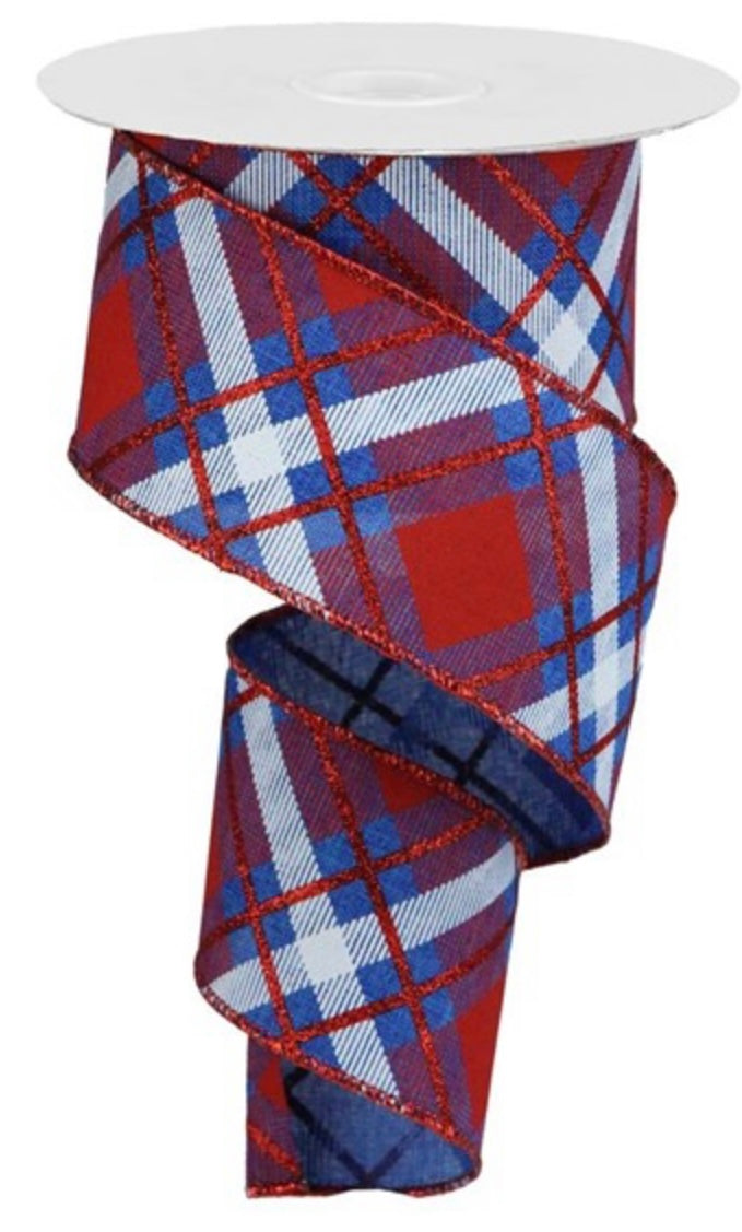 10 Yards - 2.5” Wired Red, White, and Blue Diagonal Cross Patriotic Ribbon