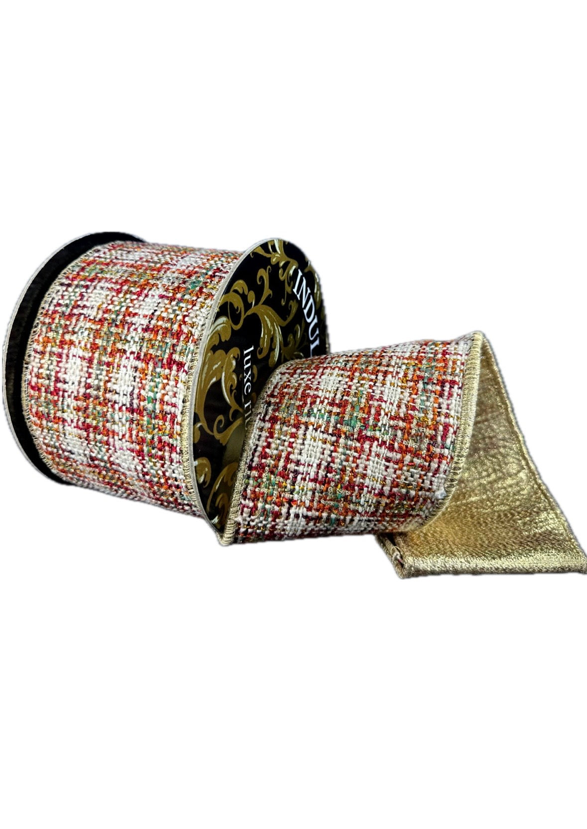 Wired Ivory Grey Rust Thick Weave Tweed Gold Metallic Back Ribbon- 4”x5 Yards
