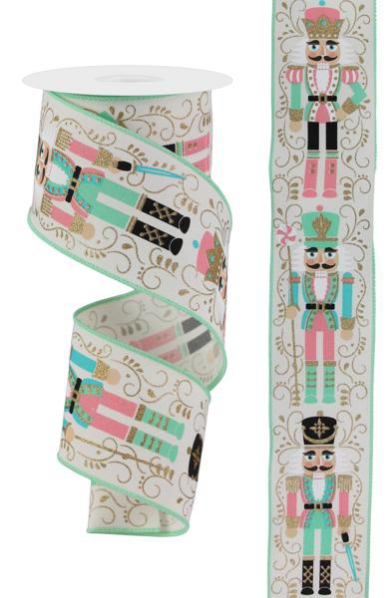 Wired Nutcracker on Cream Background Ribbon- 2.5”x10 Yards