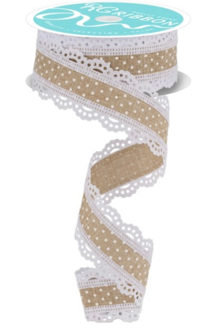 10 Yards - 1.5” Wired Natural and White Swiss Dot Ribbon with Lace Edge