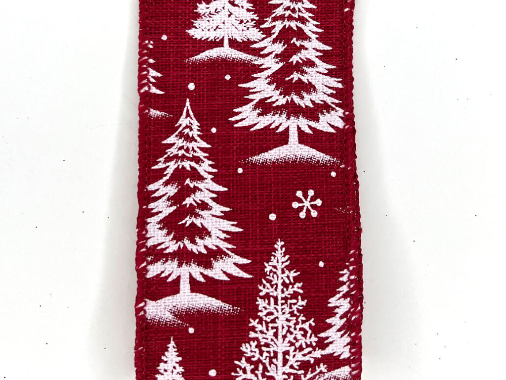 Wired White Pine Trees on Red Poly Linen Ribbon- 2.5”x10 Yards
