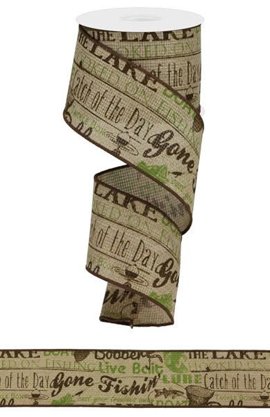 Wired Natural Gone Fishing Cross Royal Ribbon-2.5”x10 Yards