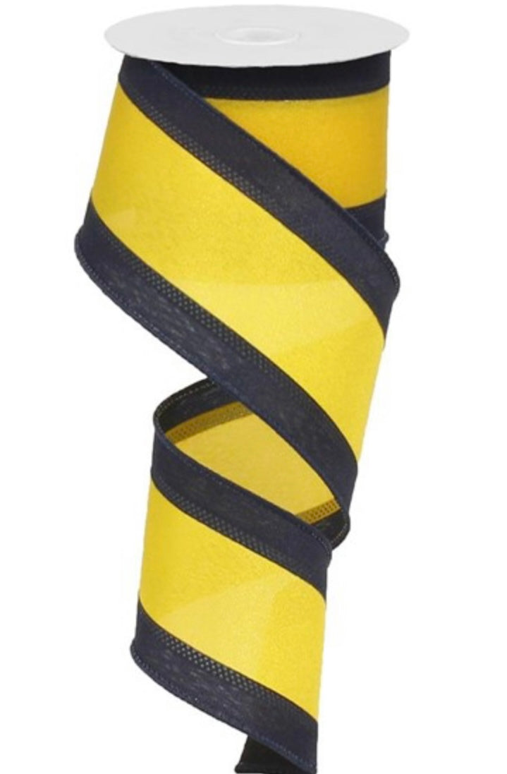 10 Yards - 2.5” Wired Navy Blue and Yellow Stripe Satin Ribbon