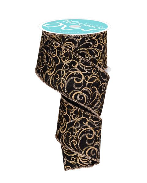 10 Yards - 2.5” Wired Black and Gold Multi Swirl Glitter Ribbon