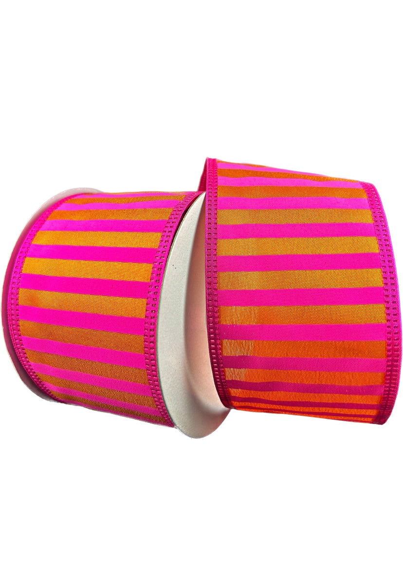 Wired Bright Pink and Orange Horizontal Stripe Ribbon-2.5”x10 Yards