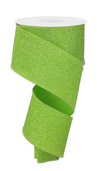 10 Yards - 2.5" Wired Lime Green Fine Glitter Ribbon