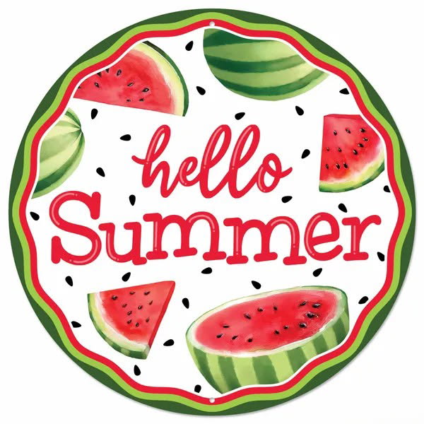 12” Round Metal Hello Summer Watermelon Wreath Sign
