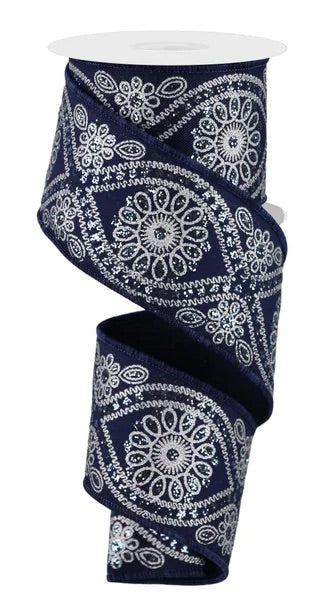 Wired Blue and Silver Deluxe Wavy Floral Ribbon- 2.5”x 10 Yards