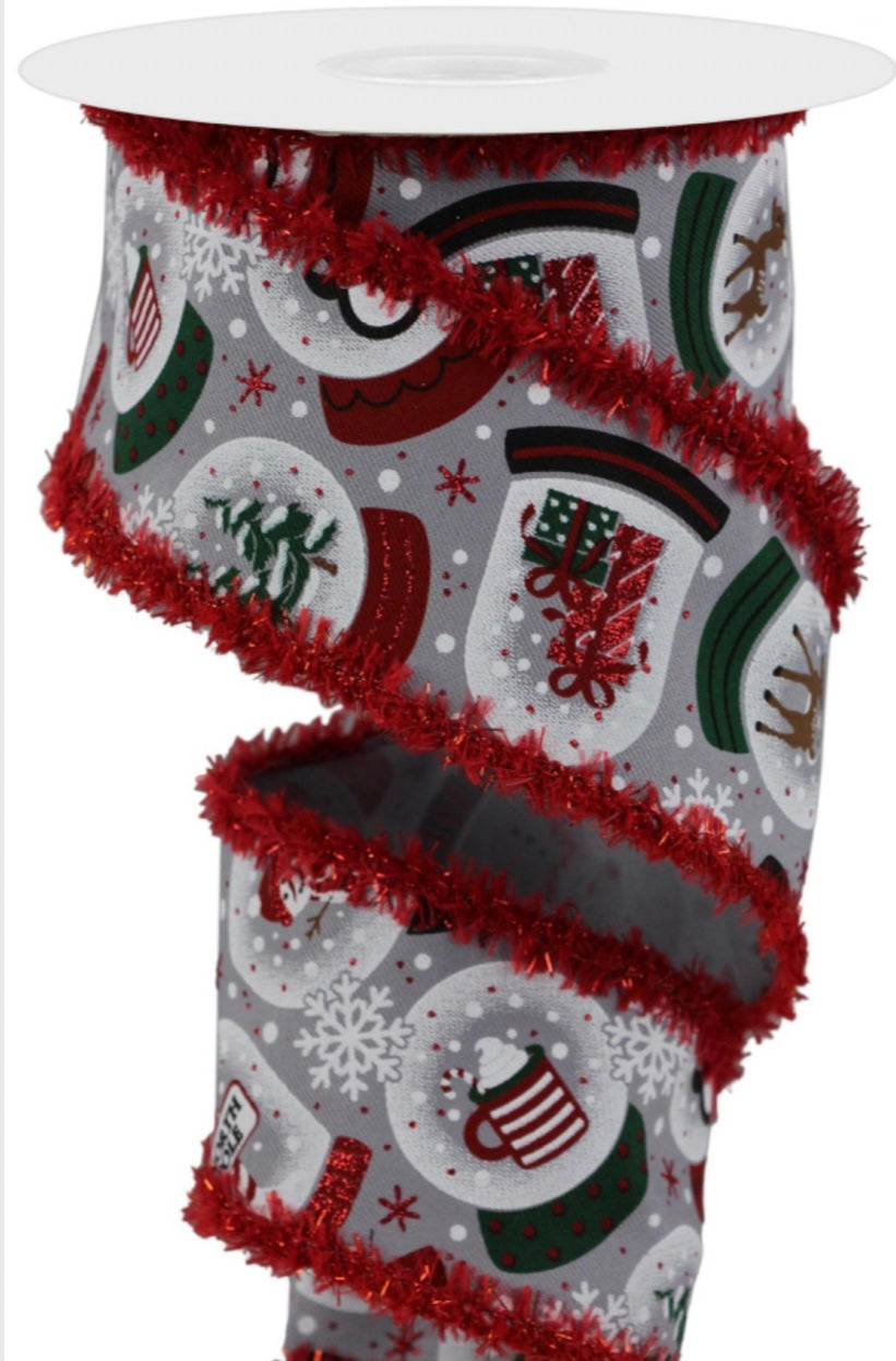 10 Yards - 2.5” Wired Gray Background Winter Snow Globe Ribbon with Glitter Accent and Tinsel Edge