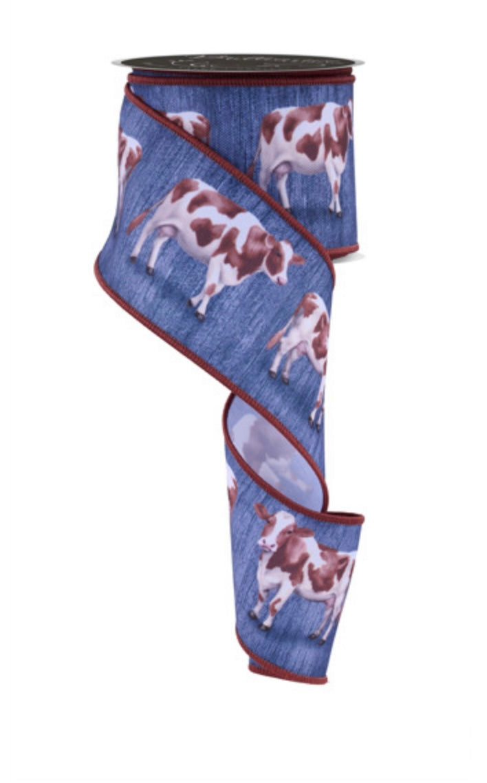 10 Yards - 2.5” Wired Blue Background Cow Print Ribbon