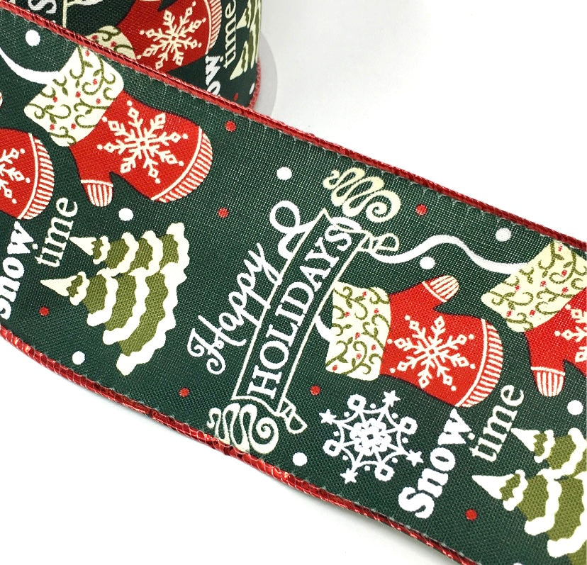10 Yards - 2.5” Wired Green Mittens and Trees Happy Holidays Ribbon