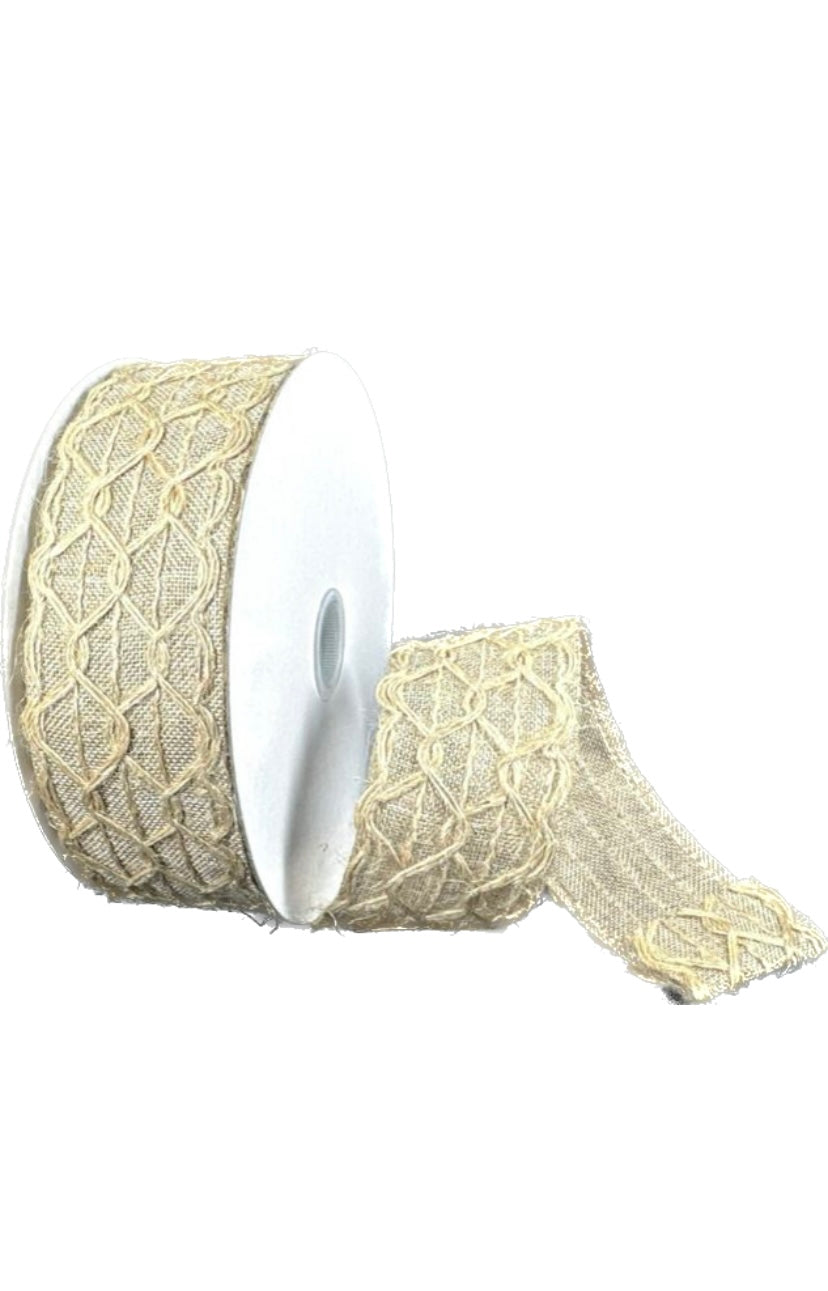 Wired Natural Scallop Open Weave Natural Blue Burlap Ribbon-1.5”x10 Yards