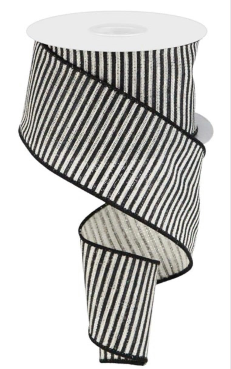 10 Yards - 2.5” Wired Ivory Black and Metallic Silver Stripe Ribbon