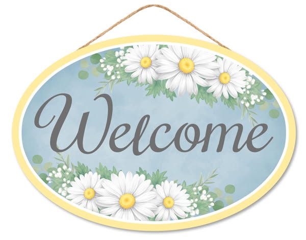 13”x9” Oval Welcome with Daisies Wreath Sign