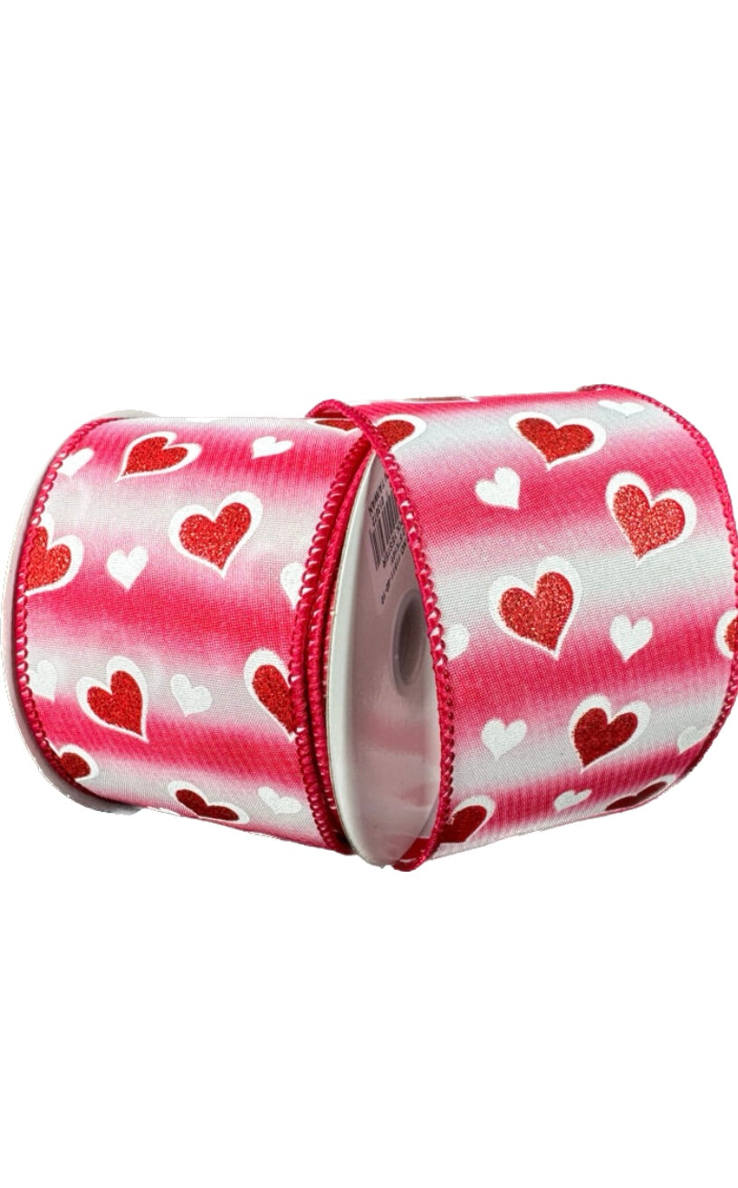 Wired Red and White Ombre Stripes Hearts Glitter Accent Valentines Day Ribbon- 2.5”x10 Yards